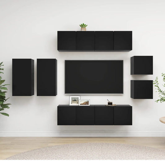 Berkfield 8 Piece TV Cabinet Set Black Engineered Wood