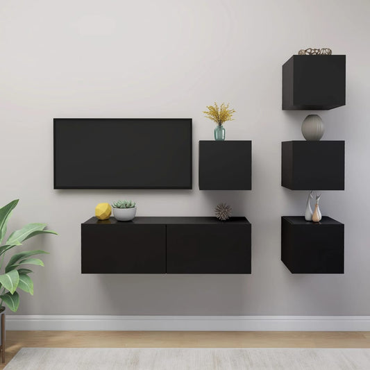 Berkfield 5 Piece TV Cabinet Set Black Engineered Wood