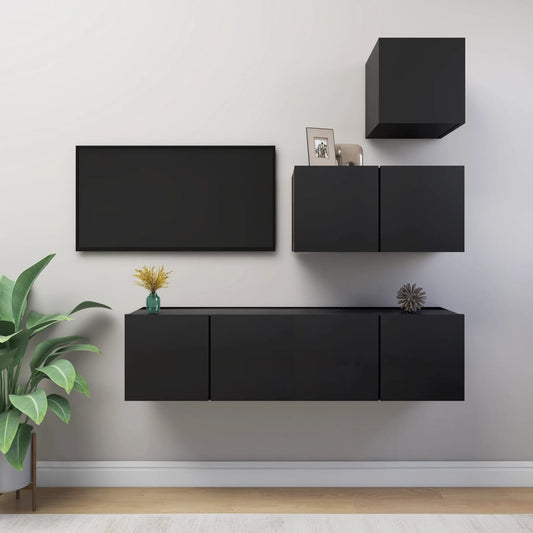 Berkfield 4 Piece TV Cabinet Set Black Engineered Wood