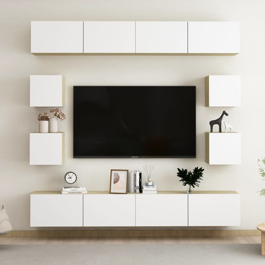 Berkfield 8 Piece TV Cabinet Set White and Sonoma Oak Engineered Wood