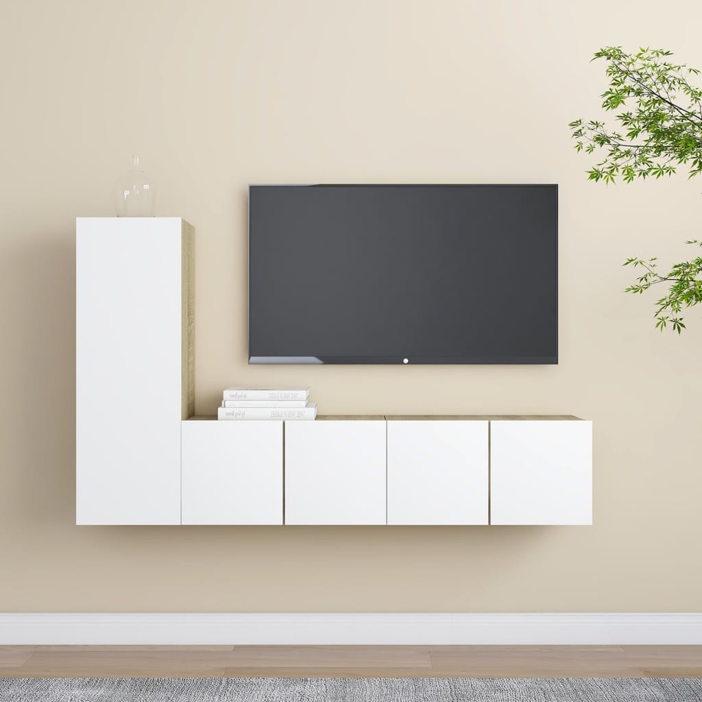 Berkfield 3 Piece TV Cabinet Set White and Sonoma Oak Engineered Wood