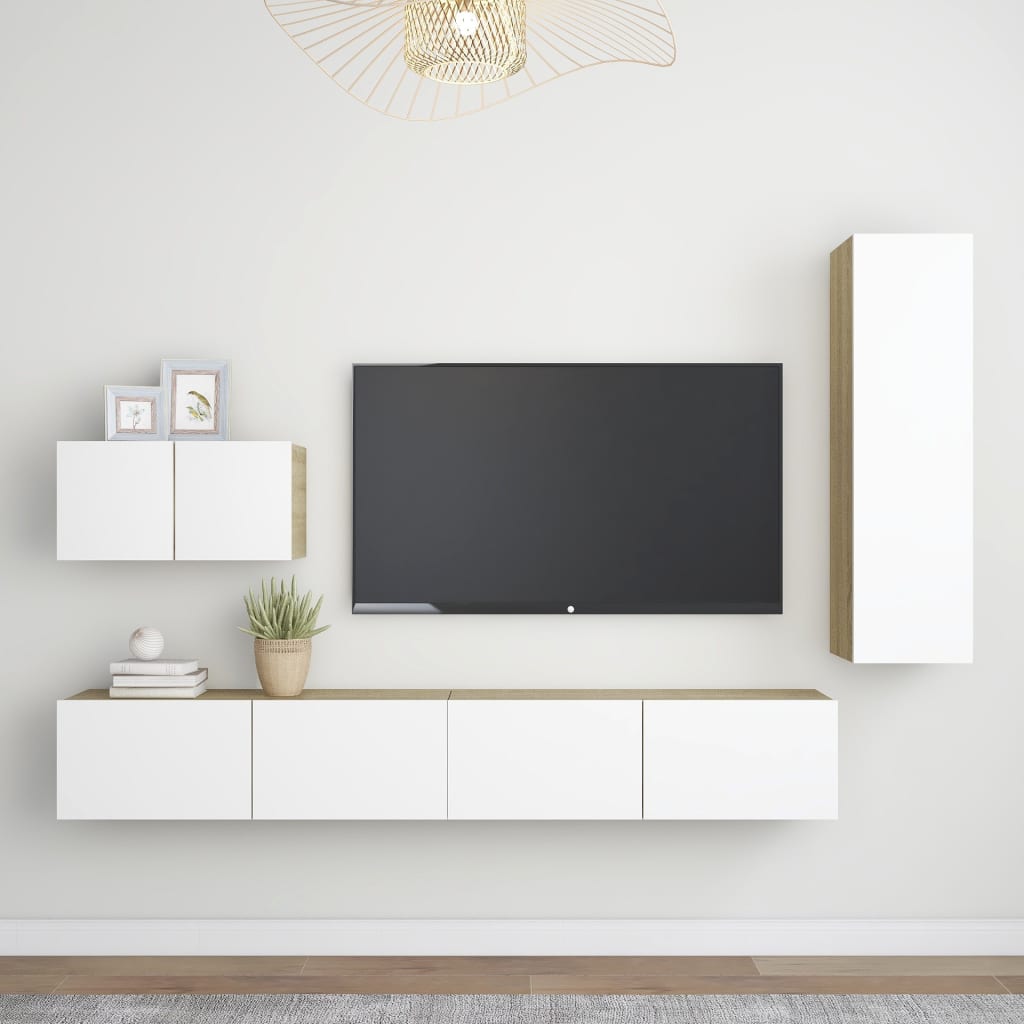 Berkfield 4 Piece TV Cabinet Set White and Sonoma Oak Engineered Wood