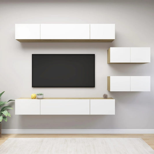 Berkfield 6 Piece TV Cabinet Set White and Sonoma Oak Engineered Wood