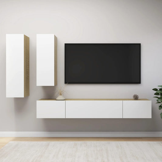 Berkfield 4 Piece TV Cabinet Set White and Sonoma Oak Engineered Wood