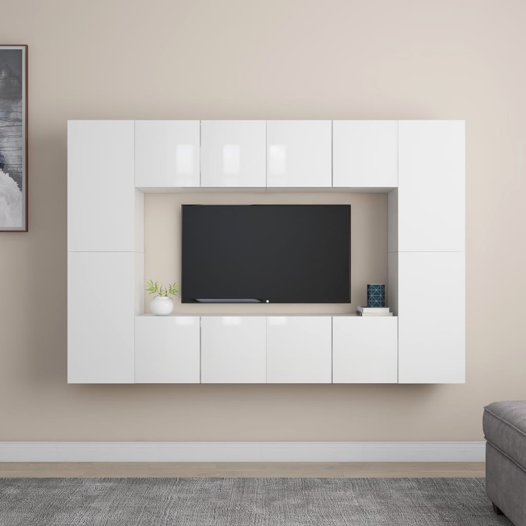 Berkfield 8 Piece TV Cabinet Set High Gloss White Engineered Wood