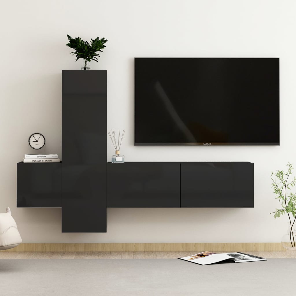 Berkfield 3 Piece TV Cabinet Set High Gloss Black Engineered Wood