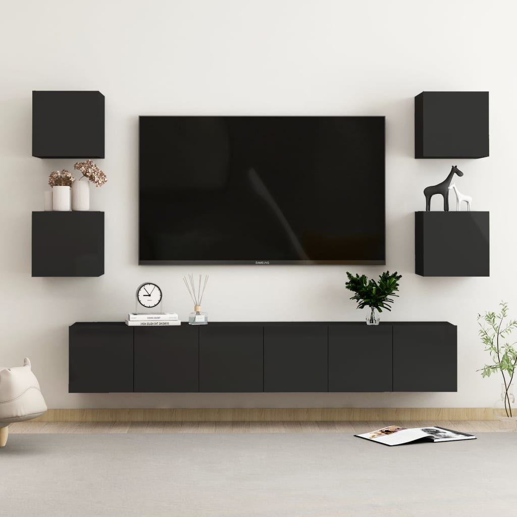 Berkfield 7 Piece TV Cabinet Set High Gloss Black Engineered Wood