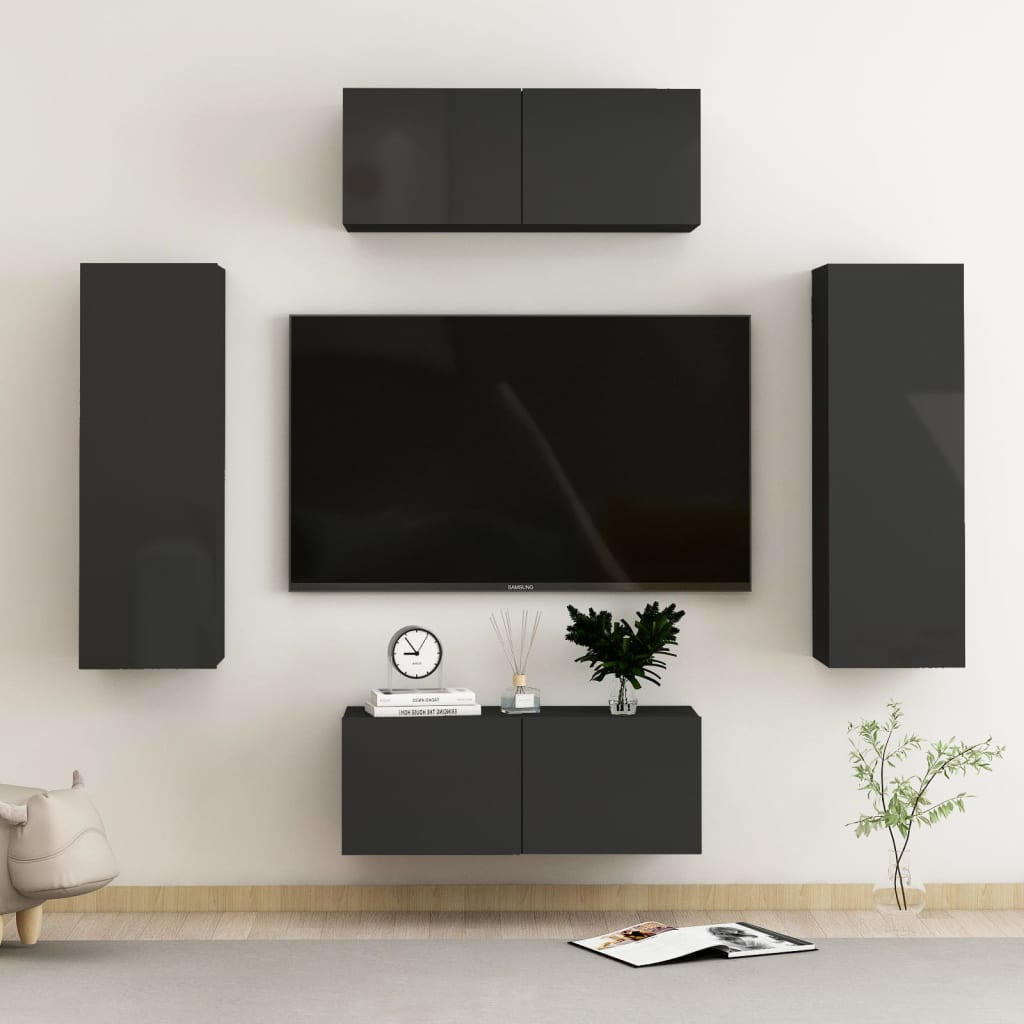 Berkfield 4 Piece TV Cabinet Set High Gloss Black Engineered Wood