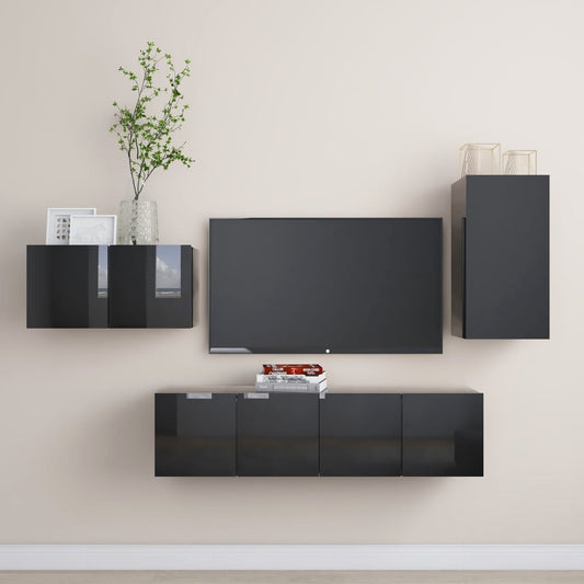 Berkfield 4 Piece TV Cabinet Set High Gloss Black Engineered Wood