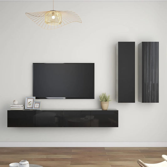 Berkfield 4 Piece TV Cabinet Set High Gloss Black Engineered Wood