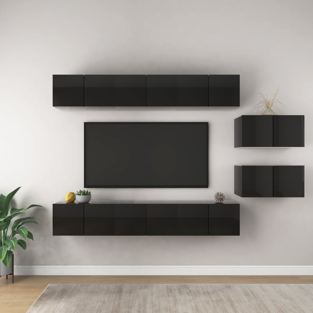 Berkfield TV Cabinets 8 pcs High Gloss Black Engineered Wood