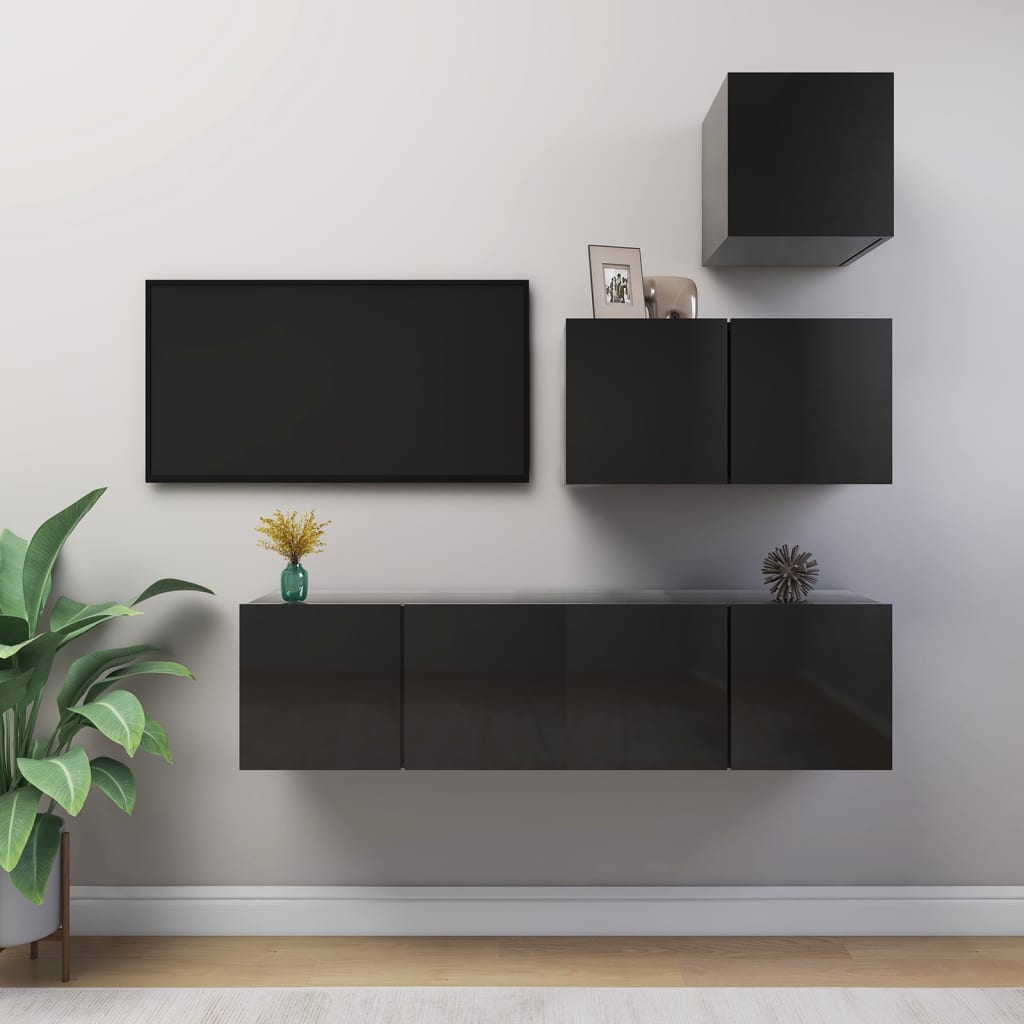Berkfield 4 Piece TV Cabinet Set High Gloss Black Engineered Wood