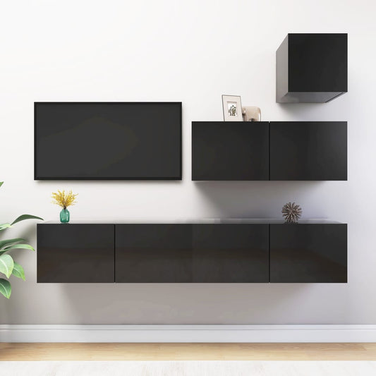 Berkfield 4 Piece TV Cabinet Set High Gloss Black Engineered Wood