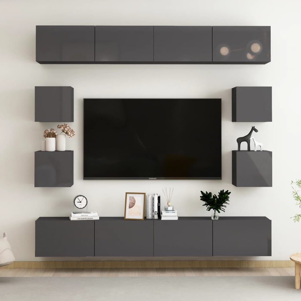 Berkfield 8 Piece TV Cabinet Set High Gloss Grey Engineered Wood