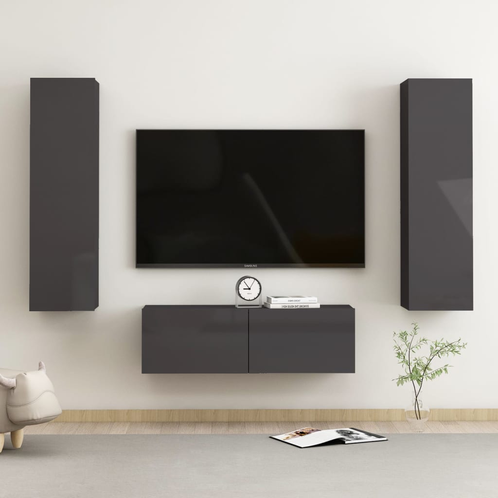 Berkfield 3 Piece TV Cabinet Set High Gloss Grey Engineered Wood