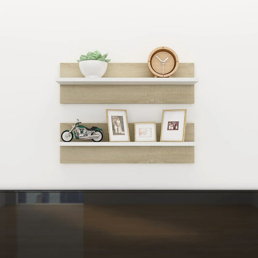Berkfield Wall Shelf 2 pcs White and Sonoma Oak 60x11.5x18 cm Engineered Wood
