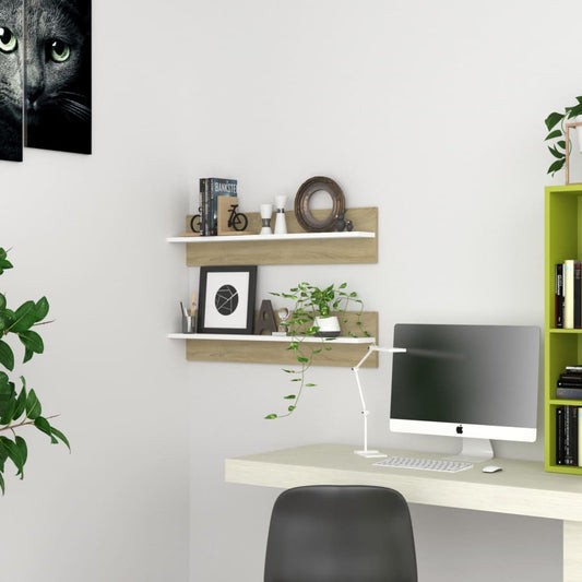 Berkfield Wall Shelf 2 pcs White and Sonoma Oak 80x11.5x18 cm Engineered Wood