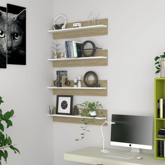 Berkfield Wall Shelf 4 pcs White and Sonoma Oak 80x11.5x18 cm Engineered Wood