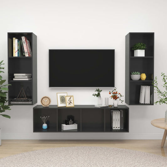 Berkfield 3 Piece TV Cabinet Set High Gloss Grey Engineered Wood