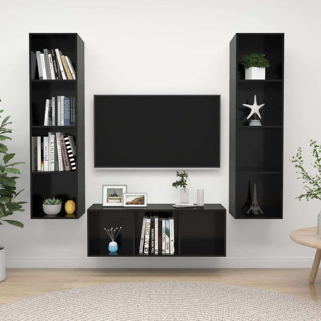 Berkfield 3 Piece TV Cabinet Set High Gloss Black Engineered Wood