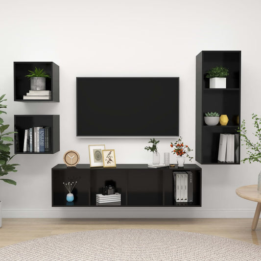 Berkfield 4 Piece TV Cabinet Set High Gloss Black Engineered Wood