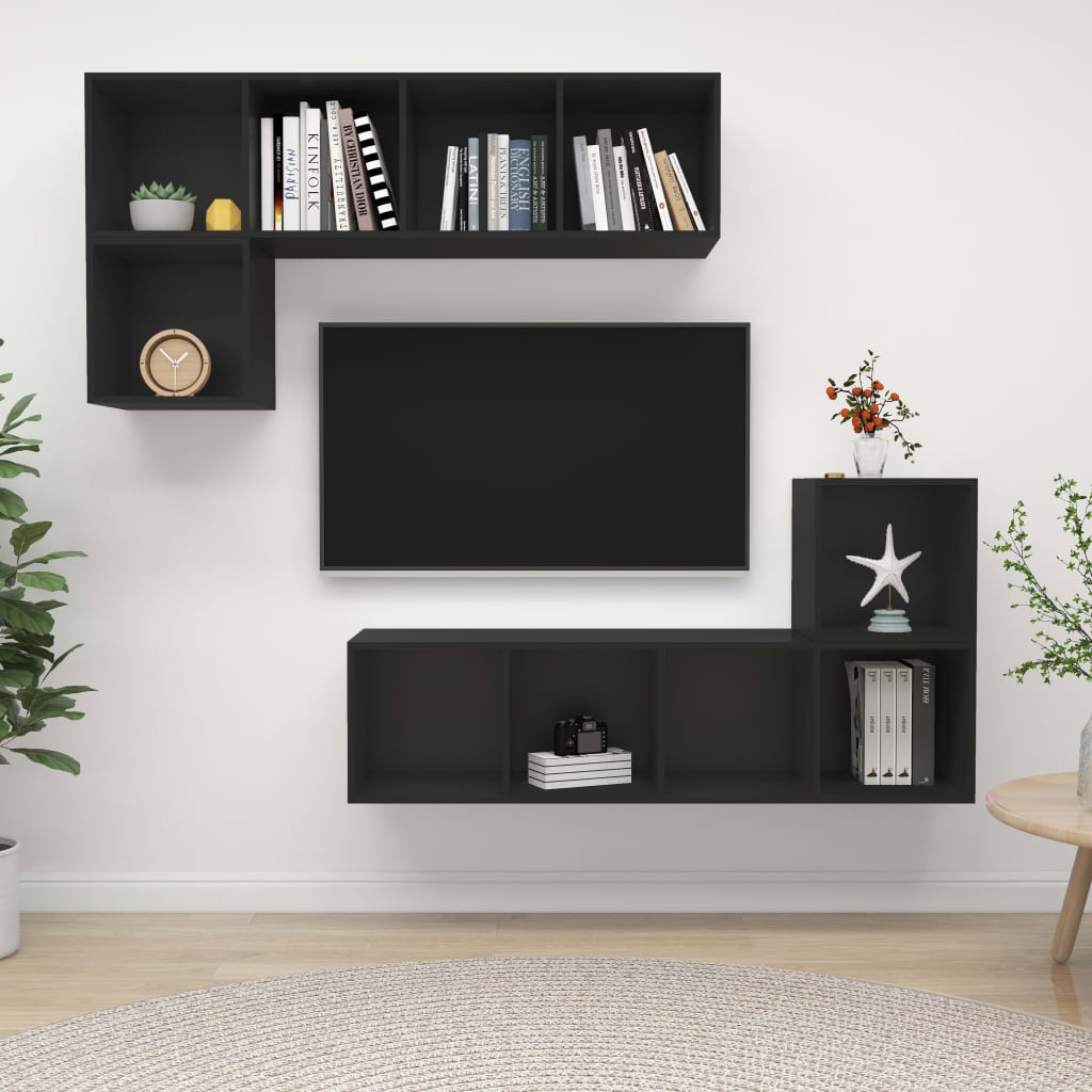 Berkfield 4 Piece TV Cabinet Set Black Engineered Wood