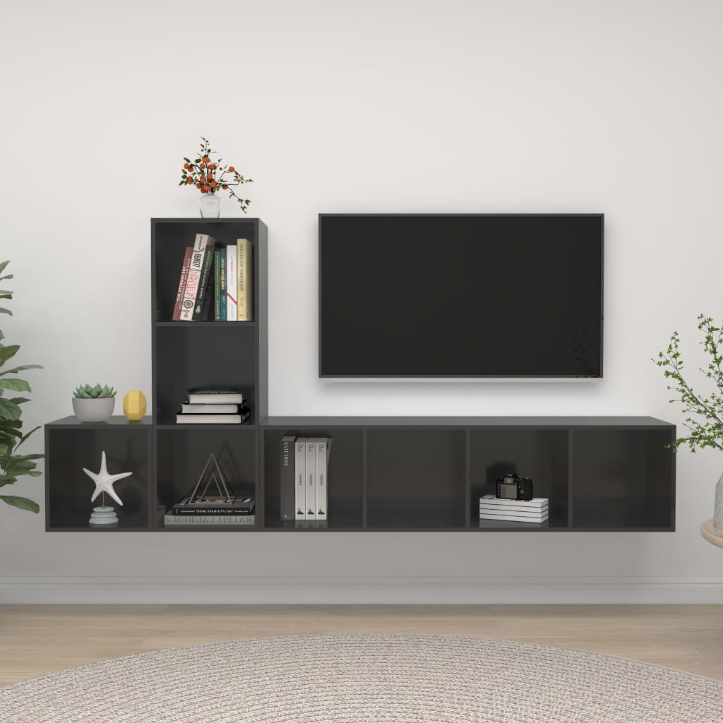 Berkfield 3 Piece TV Cabinet Set High Gloss Grey Engineered Wood