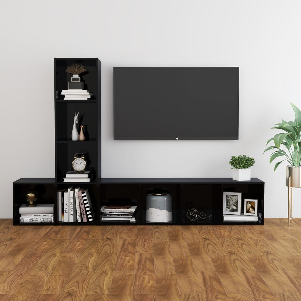 Berkfield 3 Piece TV Cabinet Set High Gloss Black Engineered Wood