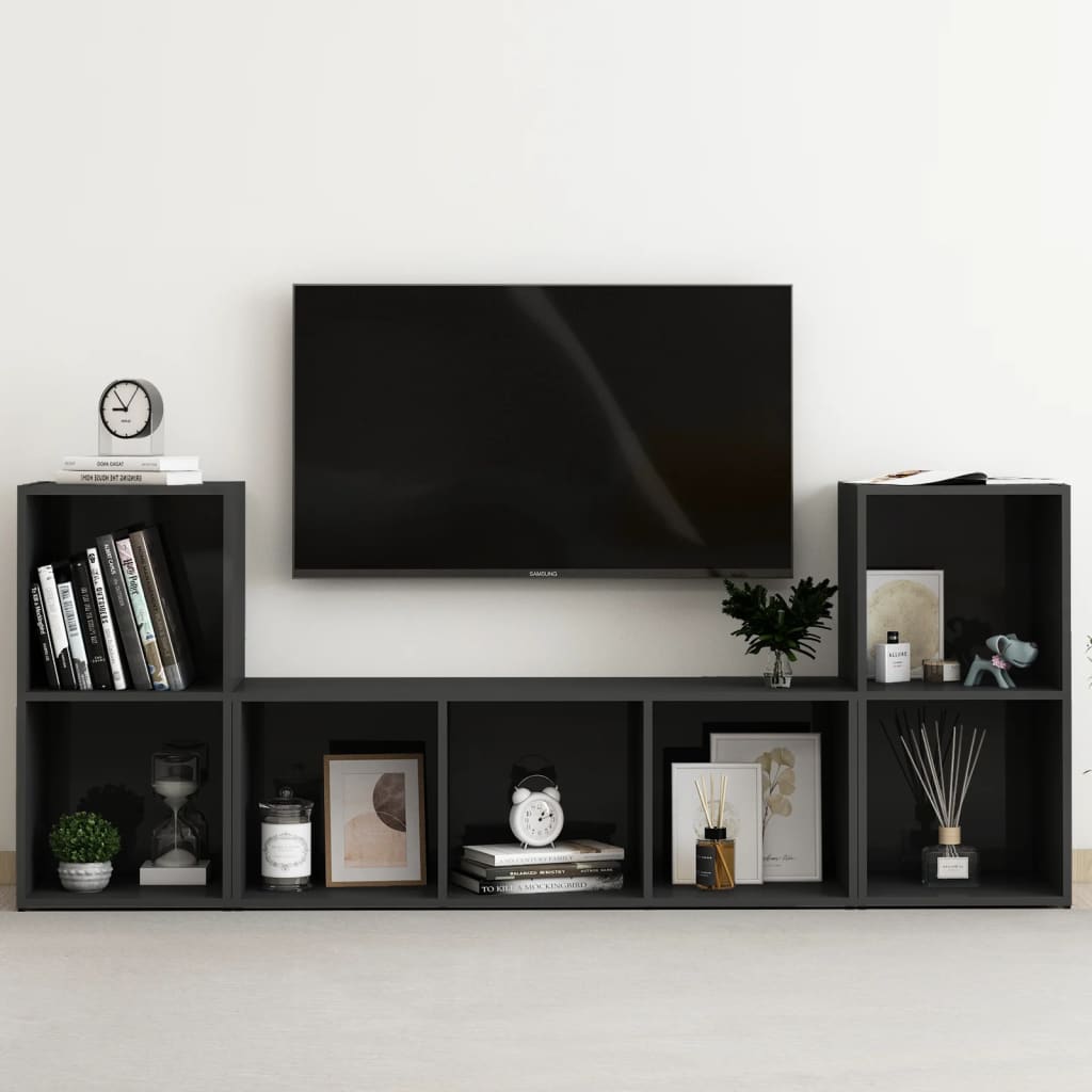Berkfield 3 Piece TV Cabinet Set High Gloss Black Engineered Wood