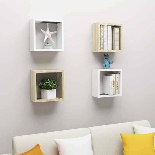 Berkfield Wall Cube Shelves 4 pcs White and Sonoma Oak 30x15x30 cm