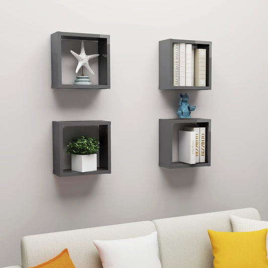 Berkfield Wall Cube Shelves 4 pcs High Gloss Grey 30x15x30 cm