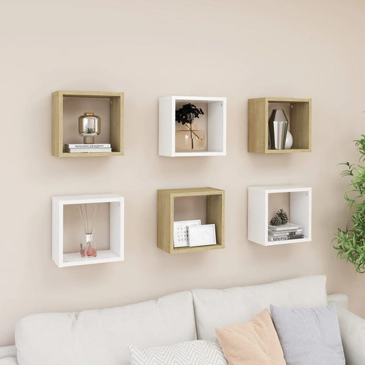 Berkfield Wall Cube Shelves 6 pcs White and Sonoma Oak 26x15x26 cm