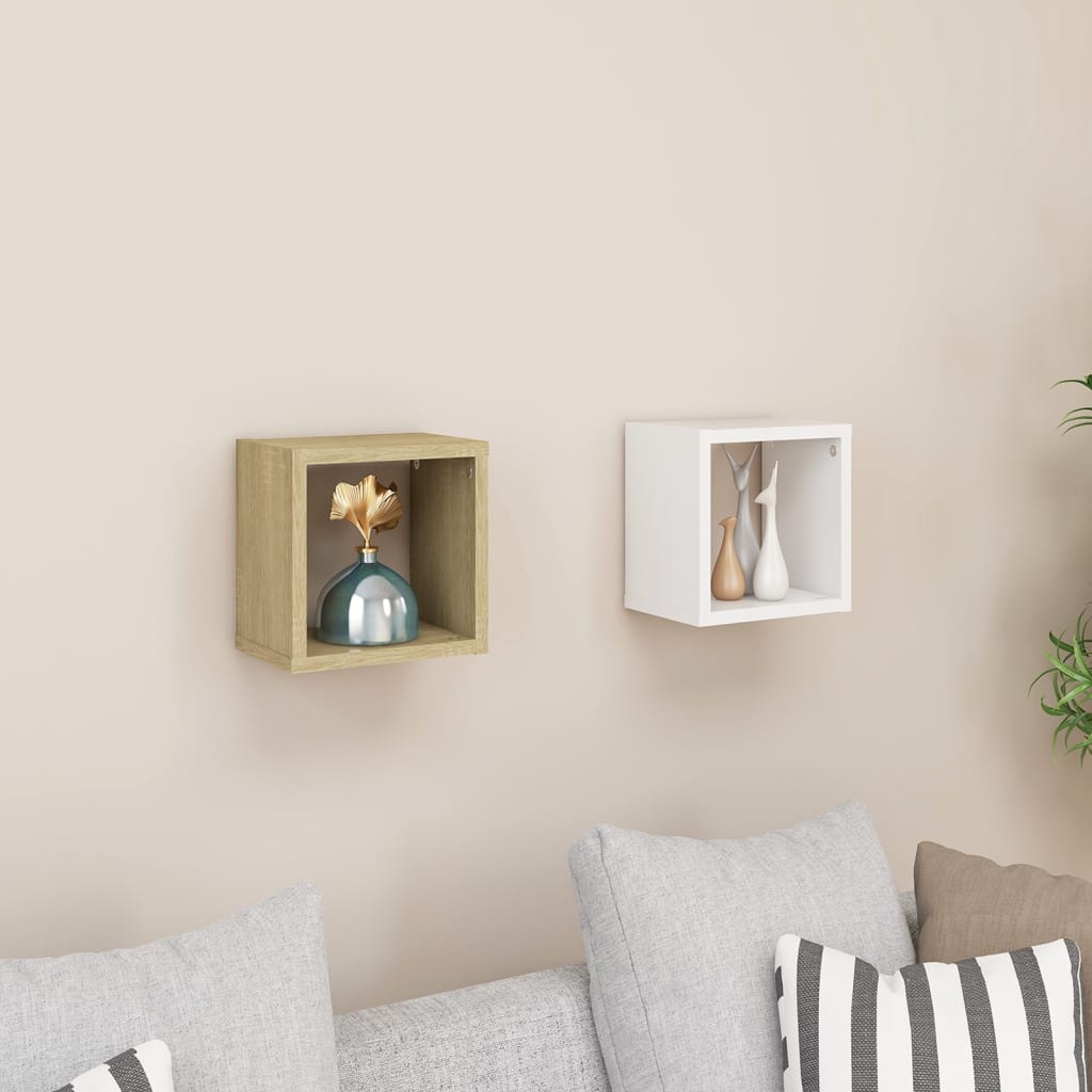 Berkfield Wall Cube Shelves 2 pcs White and Sonoma Oak 22x15x22 cm