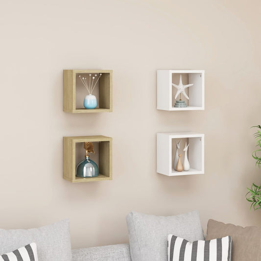 Berkfield Wall Cube Shelves 4 pcs White and Sonoma Oak 22x15x22 cm