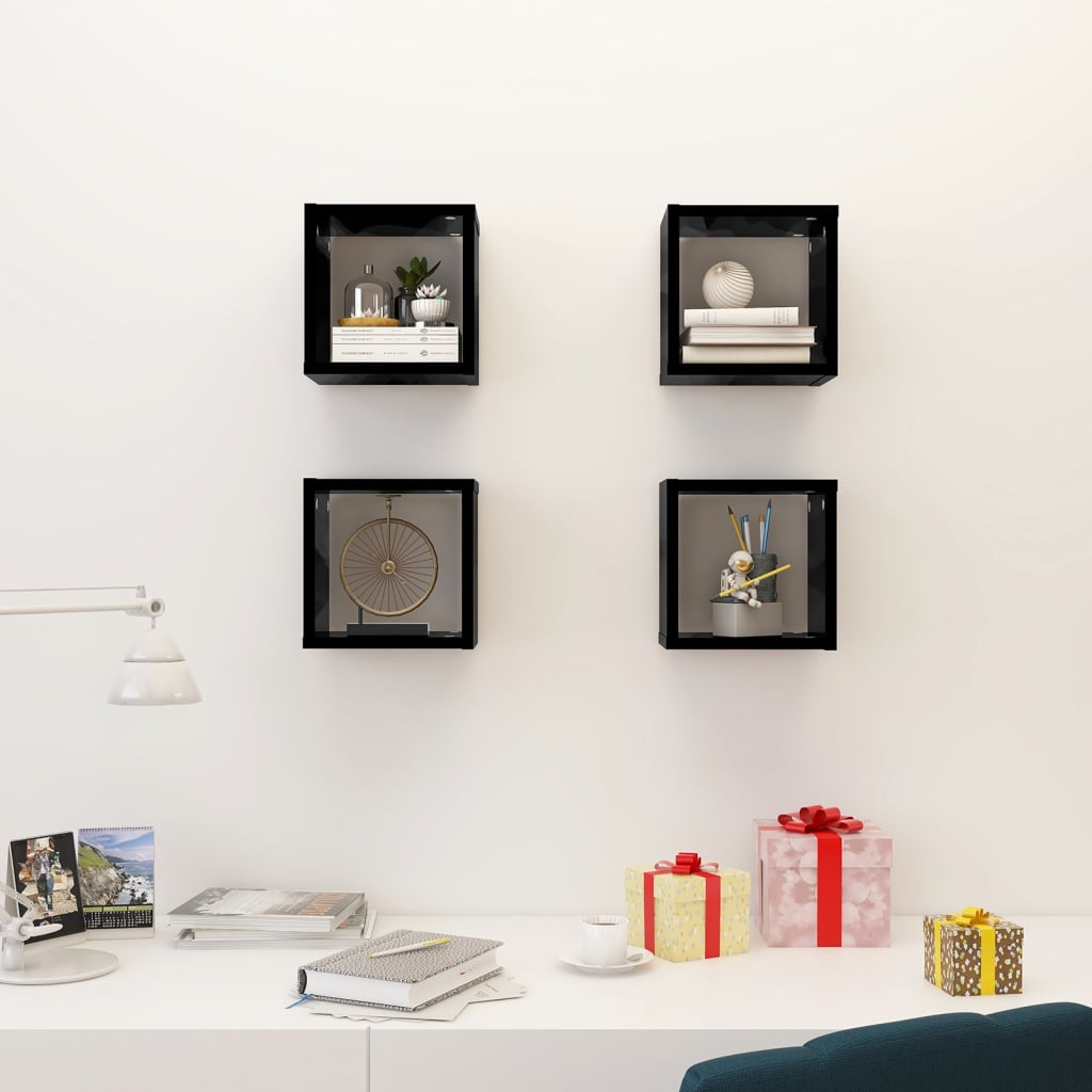 Berkfield Wall Cube Shelves 4 pcs High Gloss Black 22x15x22 cm
