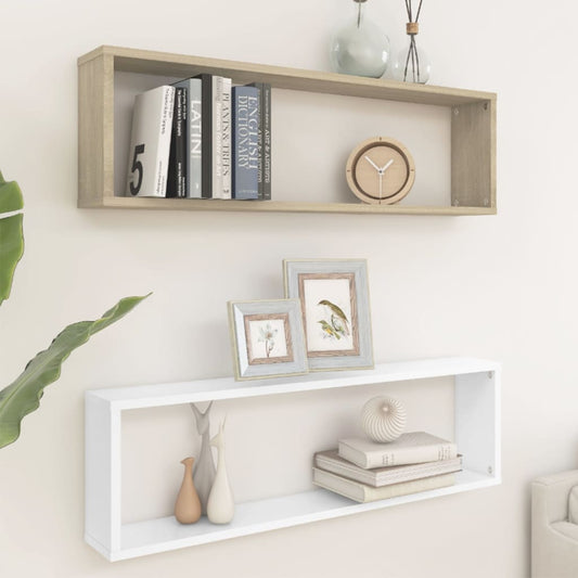 Berkfield Wall Cube Shelf 2 pcs White&Sonoma Oak 100x15x30 cm Engineered Wood