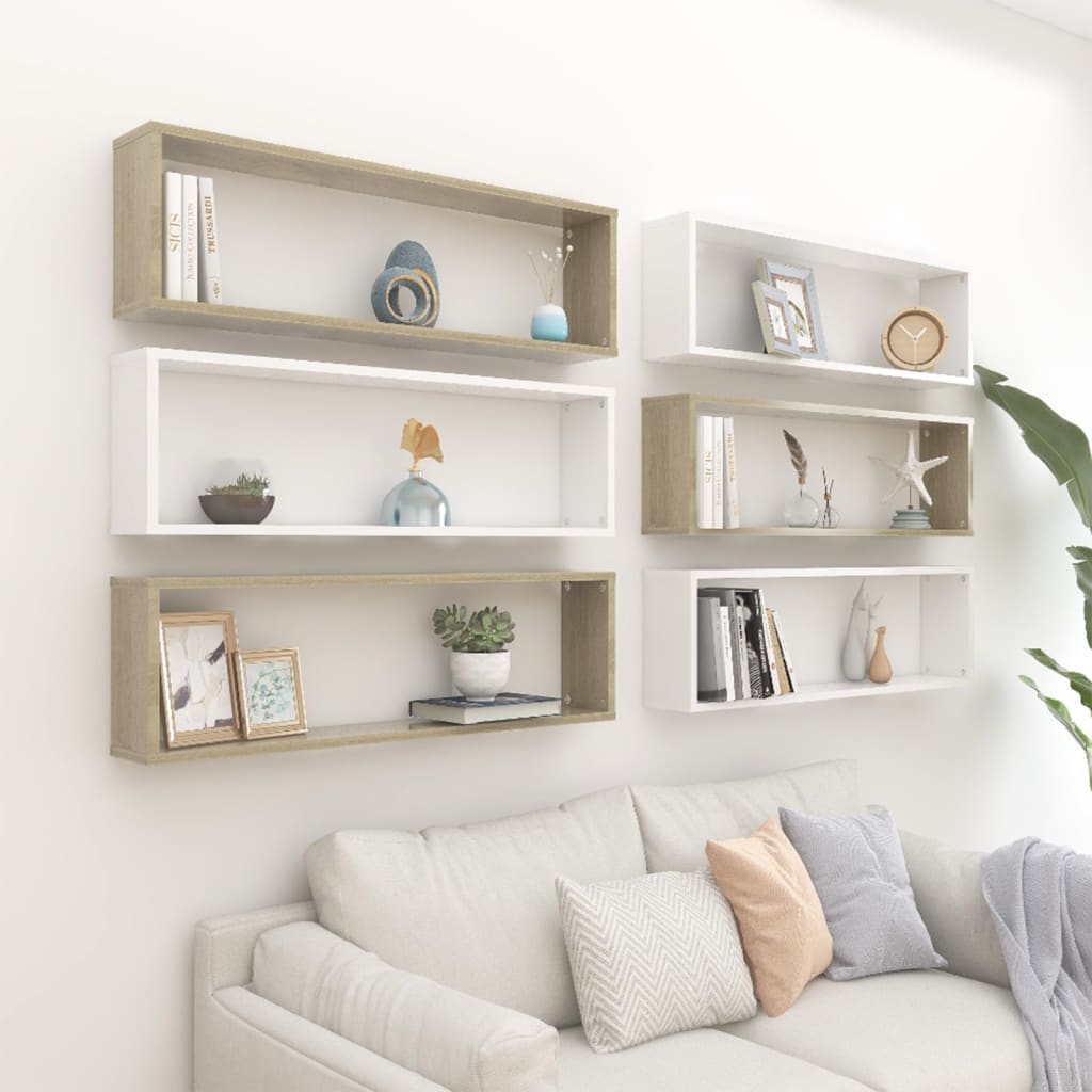 Berkfield Wall Cube Shelf 6 pcs White&Sonoma Oak 100x15x30 cm Engineered Wood