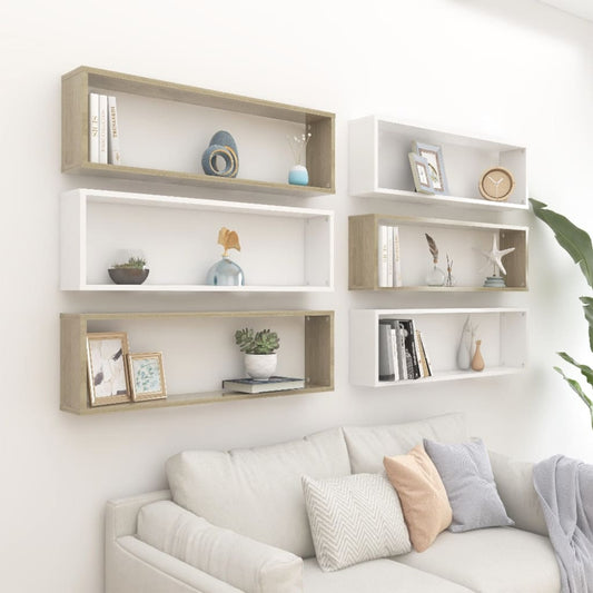 Berkfield Wall Cube Shelf 6 pcs White&Sonoma Oak 100x15x30 cm Engineered Wood