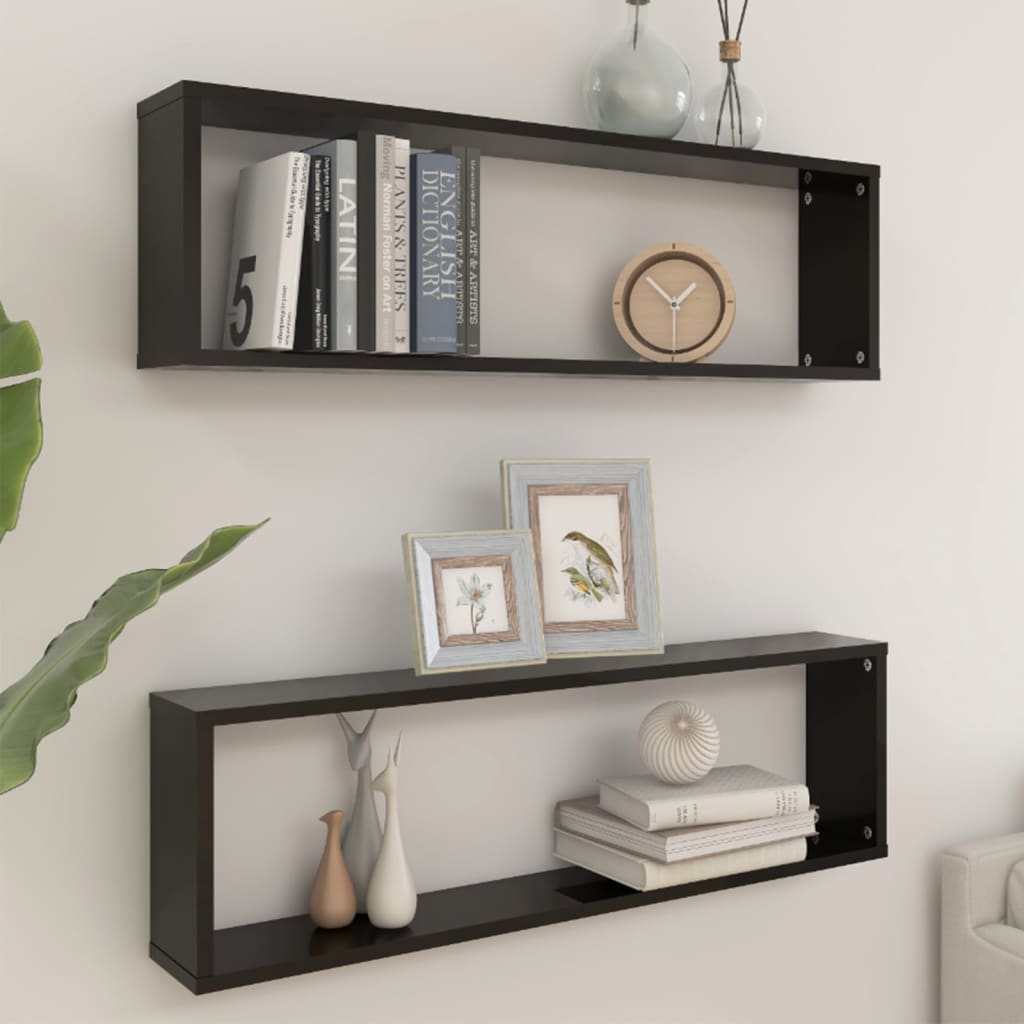 Berkfield Wall Cube Shelf 2 pcs High Gloss Black 100x15x30 cm Engineered Wood