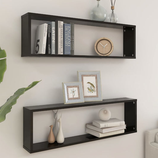 Berkfield Wall Cube Shelf 2 pcs High Gloss Black 100x15x30 cm Engineered Wood