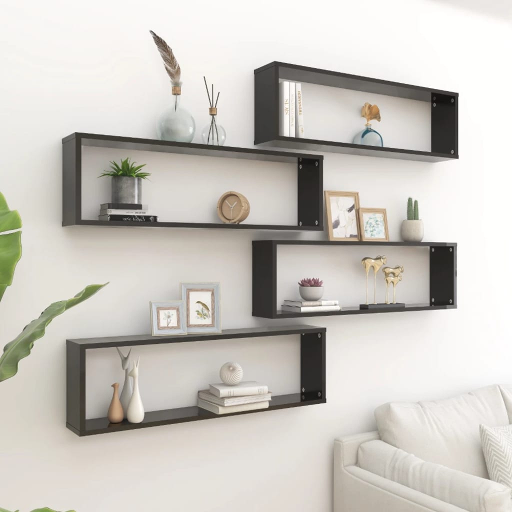 Berkfield Wall Cube Shelf 4 pcs High Gloss Black 100x15x30 cm Engineered Wood