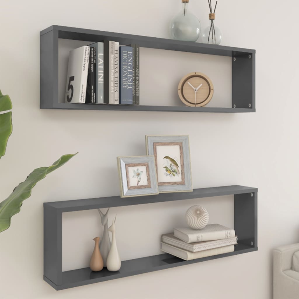 Berkfield Wall Cube Shelf 2 pcs High Gloss Grey 100x15x30 cm Engineered Wood