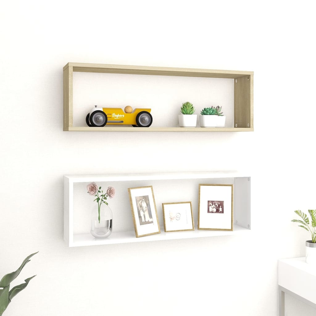 Berkfield Wall Cube Shelf 2 pcs White&Sonoma Oak 80x15x26.5cm Engineered Wood