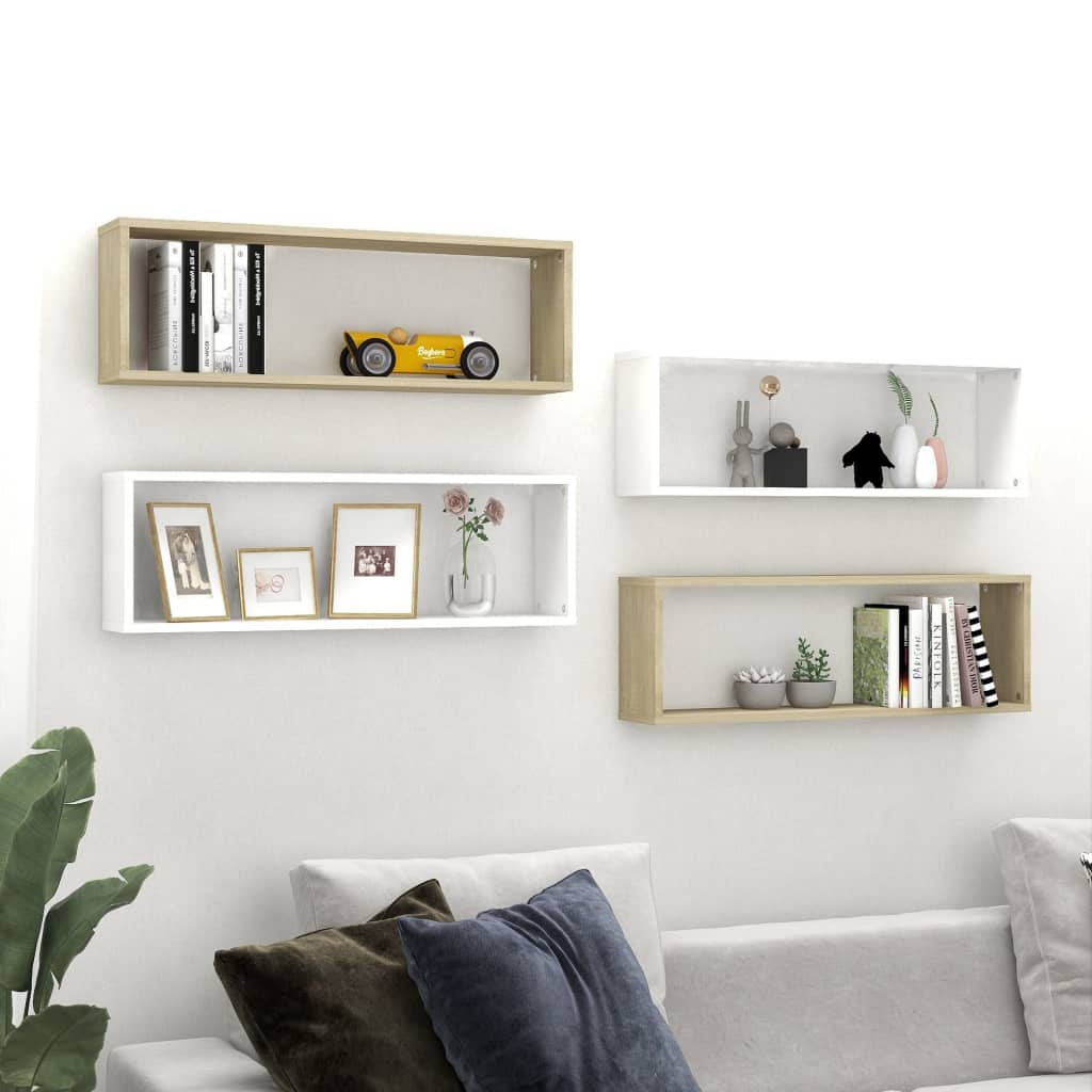 Berkfield Wall Cube Shelf 4 pcs White&Sonoma Oak 80x15x26.5cm Engineered Wood