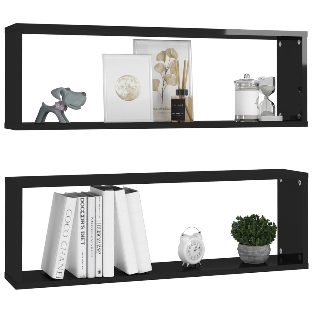 Berkfield Wall Cube Shelf 2 pcs High Gloss Black 80x15x26.5cm Engineered Wood