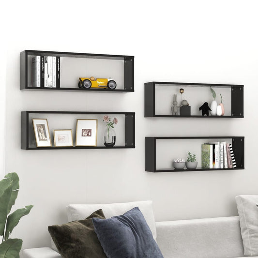 Berkfield Wall Cube Shelf 4 pcs High Gloss Black 80x15x26.5cm Engineered Wood