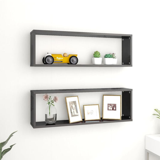 Berkfield Wall Cube Shelf 2 pcs High Gloss Grey 80x15x26.5 cm Engineered Wood