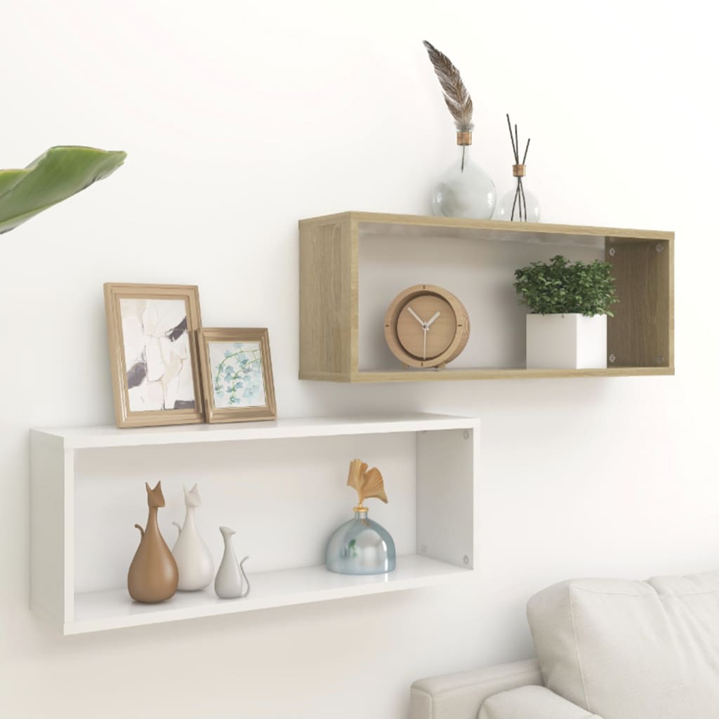 Berkfield Wall Cube Shelf 2 pcs White and Sonoma Oak 60x15x23 cm Engineered Wood