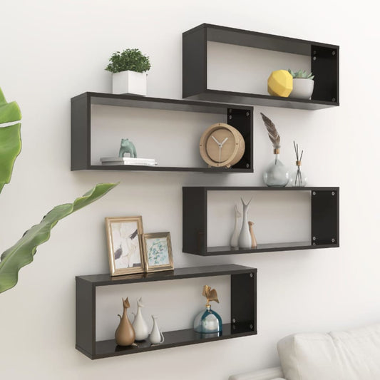 Berkfield Wall Cube Shelf 4 pcs High Gloss Black 60x15x23 cm Engineered Wood