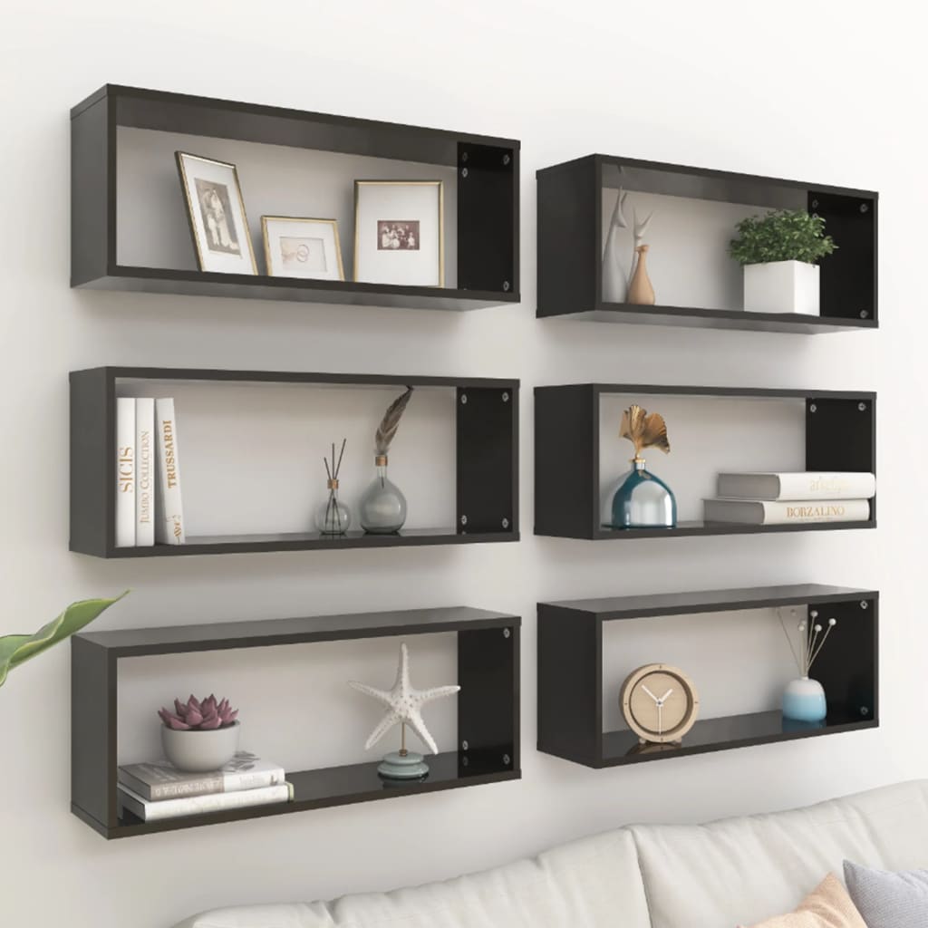 Berkfield Wall Cube Shelf 6 pcs High Gloss Black 60x15x23 cm Engineered Wood